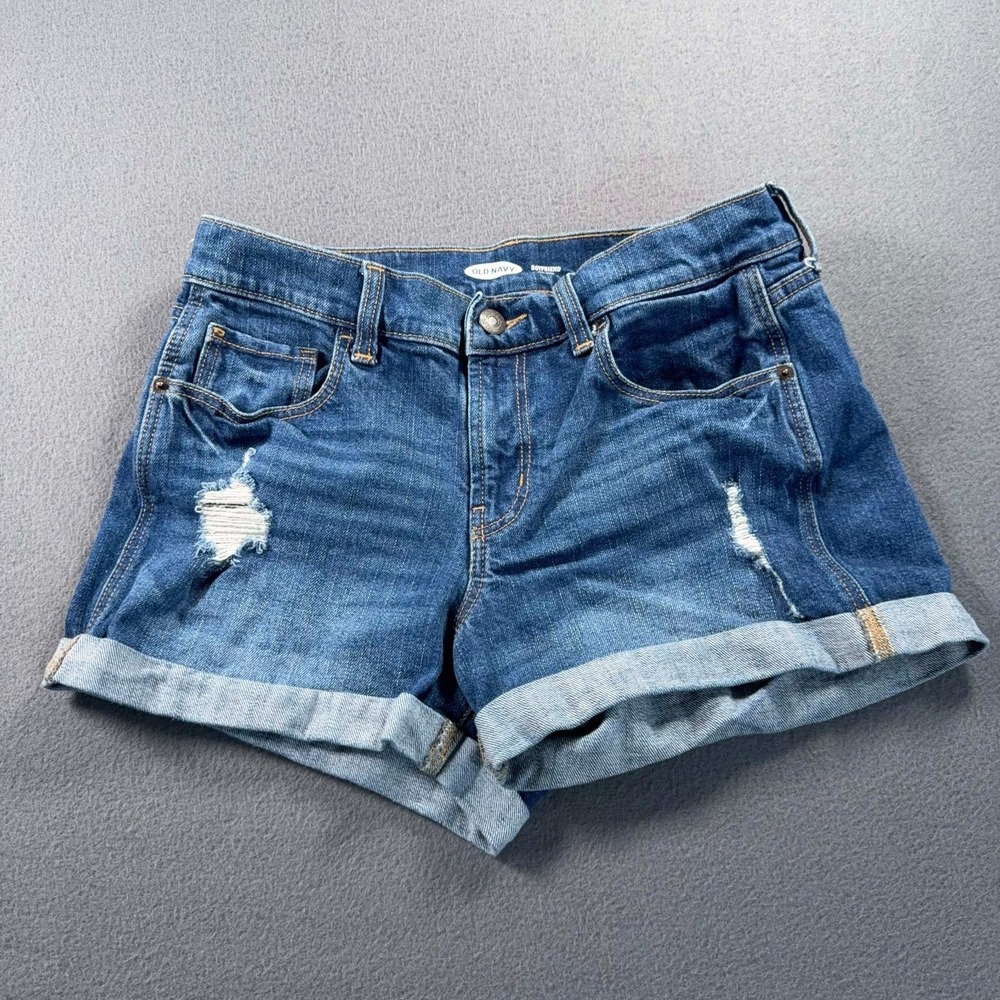 Old Navy Boyfriend Mid Rise Denim Shorts Womens 2 Blue Distressed 28x2.5